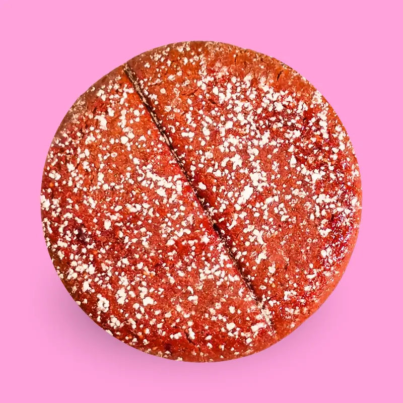 Power Cookie Strawberry on a pink background with text "mansikka"